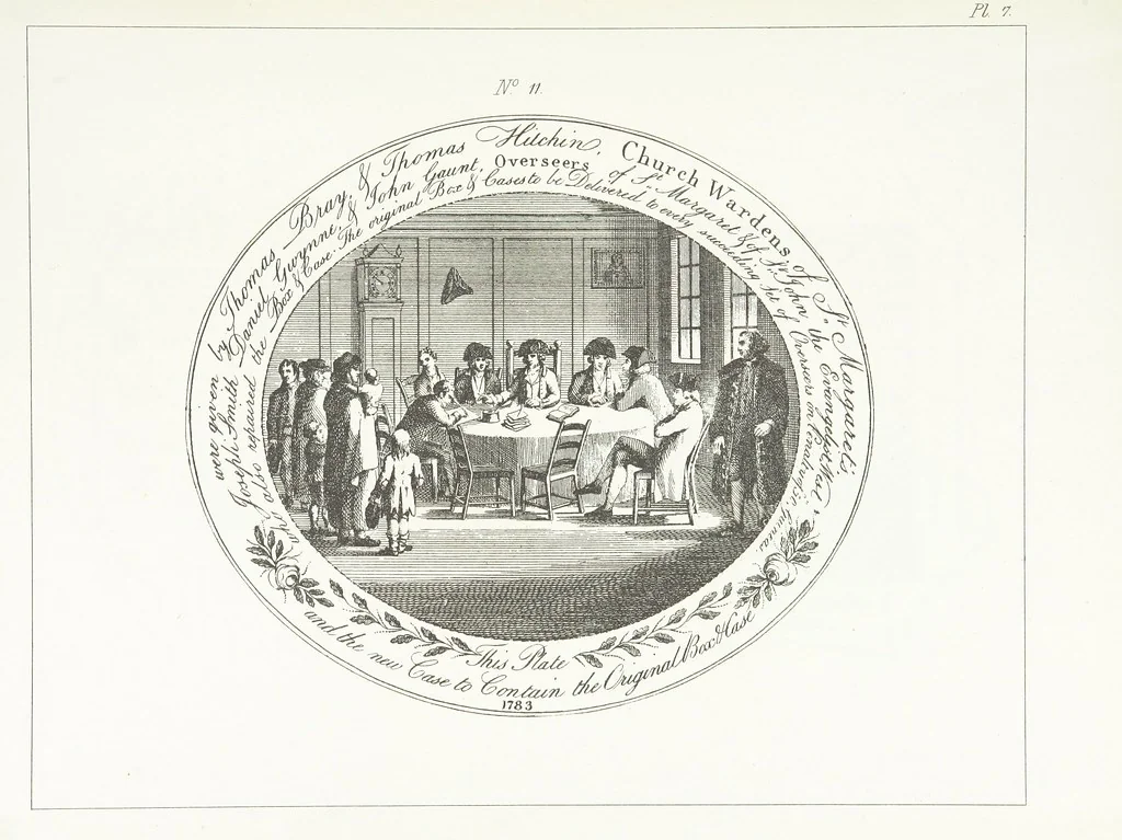 An illustration from A Description of the Westminster Tobacco Box ... Compiled by [John E. Smith, for] the Overseers for 1887, etc. (Pt. I. A reproduction of the ... account, engravings ... published in ... 1824; Pt. II. Notes on the office of Overseer; extracts from the accounts of the overseers ... 1561-1590; ... copies of the inscriptions ... & ornaments ... to 1887, etc.), 1887, leaf 39