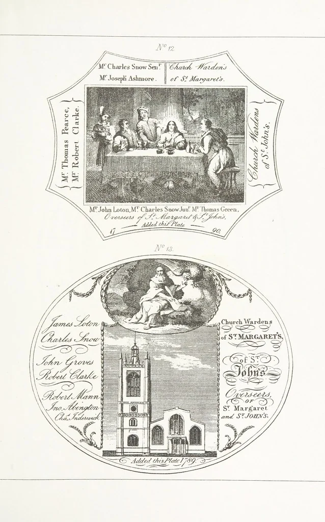 An illustration from A Description of the Westminster Tobacco Box ... Compiled by [John E. Smith, for] the Overseers for 1887, etc. (Pt. I. A reproduction of the ... account, engravings ... published in ... 1824; Pt. II. Notes on the office of Overseer; extracts from the accounts of the overseers ... 1561-1590; ... copies of the inscriptions ... & ornaments ... to 1887, etc.), 1887, leaf 41