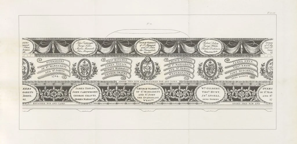 An illustration from A Description of the Westminster Tobacco Box ... Compiled by [John E. Smith, for] the Overseers for 1887, etc. (Pt. I. A reproduction of the ... account, engravings ... published in ... 1824; Pt. II. Notes on the office of Overseer; extracts from the accounts of the overseers ... 1561-1590; ... copies of the inscriptions ... & ornaments ... to 1887, etc.), 1887, leaf 45