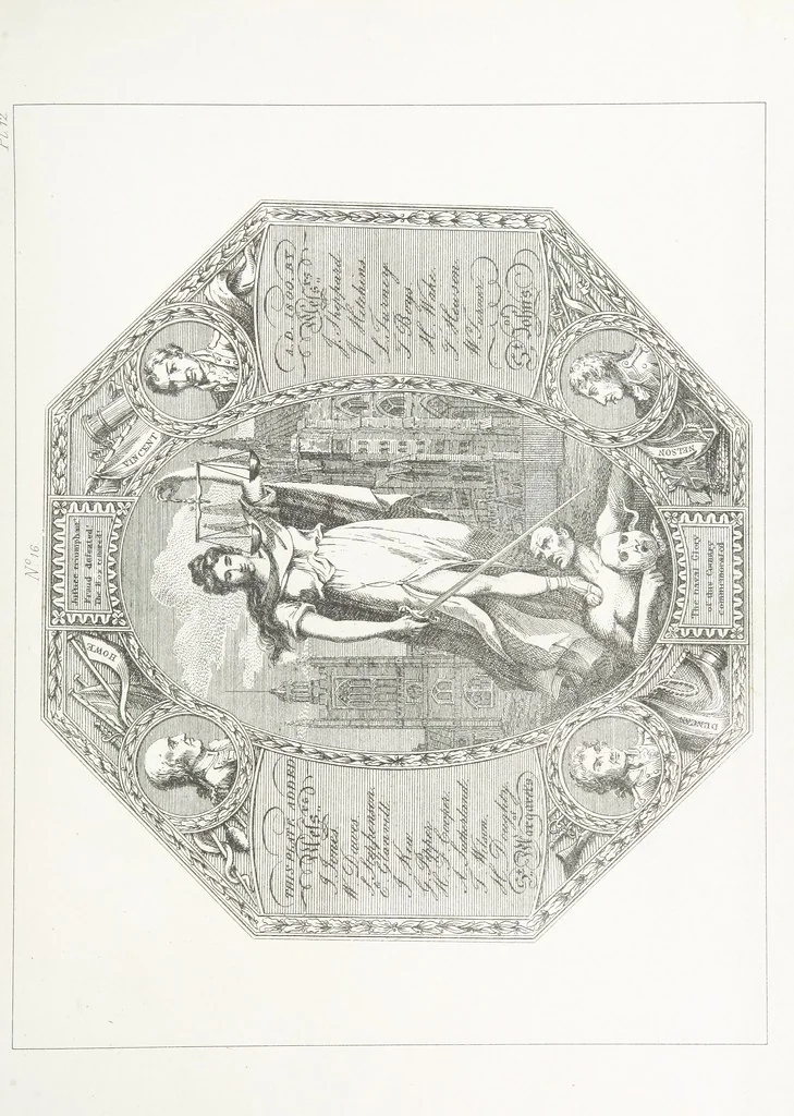 An illustration from A Description of the Westminster Tobacco Box ... Compiled by [John E. Smith, for] the Overseers for 1887, etc. (Pt. I. A reproduction of the ... account, engravings ... published in ... 1824; Pt. II. Notes on the office of Overseer; extracts from the accounts of the overseers ... 1561-1590; ... copies of the inscriptions ... & ornaments ... to 1887, etc.), 1887, leaf 47