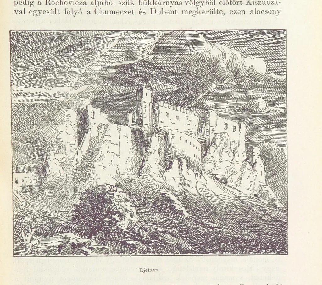 An illustration from A Vág és vidéke topographiai leirás, egyszersmind kalauz a Vág-völgyben utazók ... számára. ... 54 eredeti képpel. Kiadta L. Gy, 1881, leaf 105