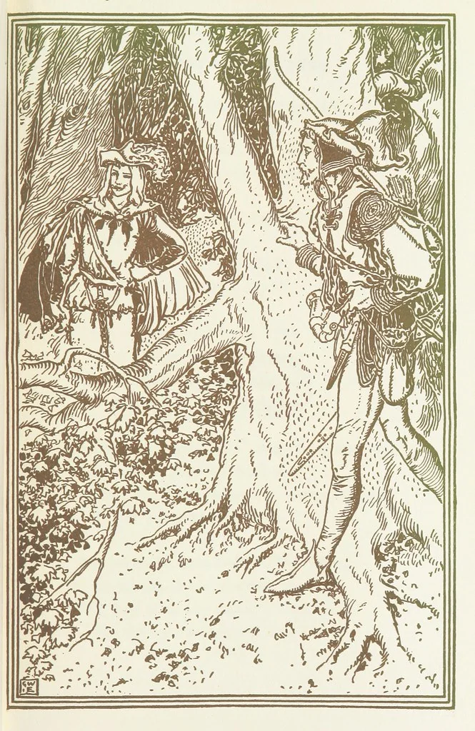 An illustration from A Book of Old English Ballads. With an accompaniment of decorative drawings by G. W. Edwards, and an introduction by H. W. Mabie, 1896, leaf 127