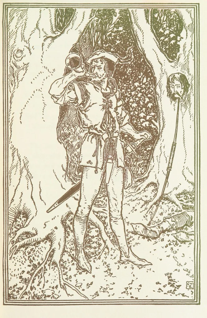 An illustration from A Book of Old English Ballads. With an accompaniment of decorative drawings by G. W. Edwards, and an introduction by H. W. Mabie, 1896, leaf 147
