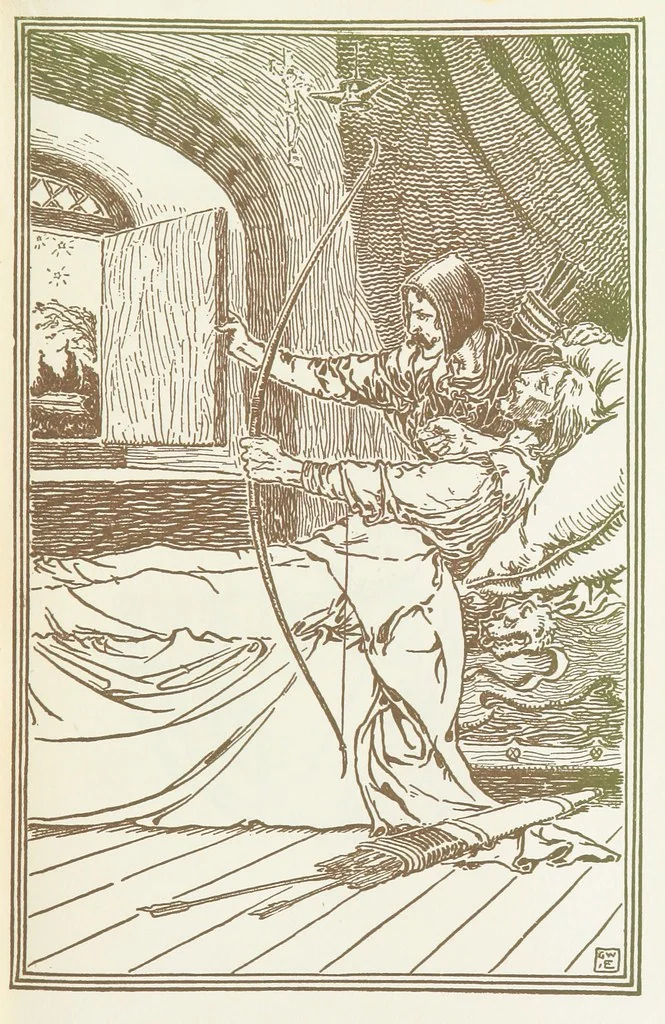 An illustration from A Book of Old English Ballads. With an accompaniment of decorative drawings by G. W. Edwards, and an introduction by H. W. Mabie, 1896, leaf 157