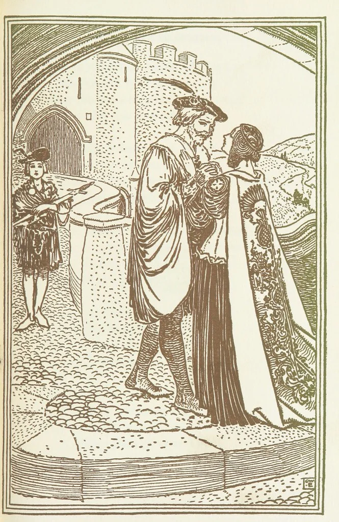 An illustration from A Book of Old English Ballads. With an accompaniment of decorative drawings by G. W. Edwards, and an introduction by H. W. Mabie, 1896, leaf 197