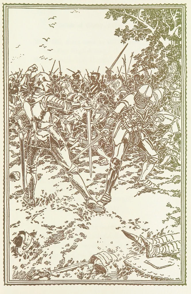 An illustration from A Book of Old English Ballads. With an accompaniment of decorative drawings by G. W. Edwards, and an introduction by H. W. Mabie, 1896, leaf 43