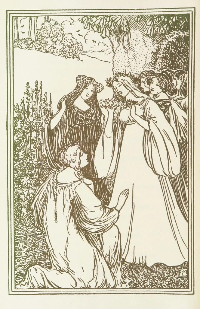 An illustration from A Book of Old English Ballads. With an accompaniment of decorative drawings by G. W. Edwards, and an introduction by H. W. Mabie, 1896, leaf 90