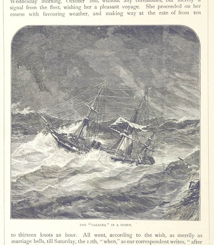 An illustration from Sea Pictures, drawn with pen and pencil, 1882, leaf 128