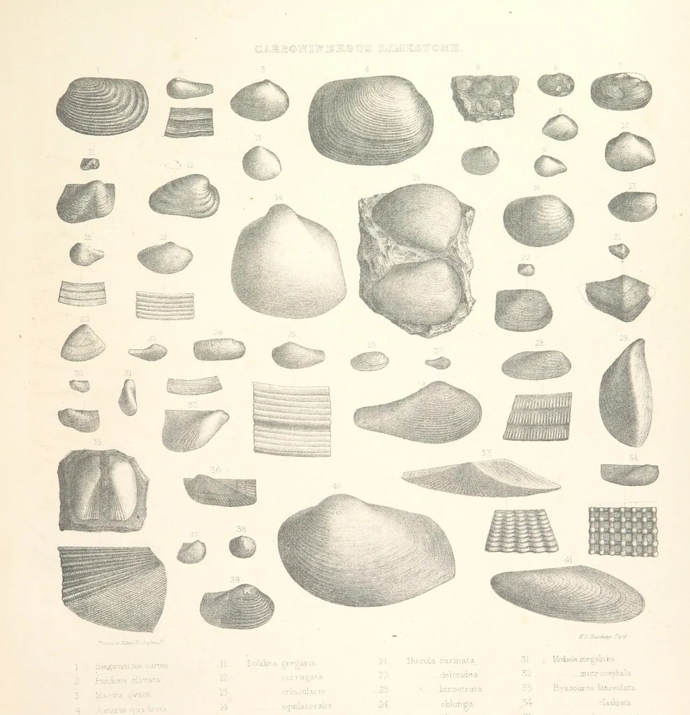 An illustration from A synopsis of the characters of the Carboniferous Limestone Fossils of Ireland. Prepared by F. M'Coy for Sir R. Griffith, by whom is now appended a list of the fossil localities, as arranged for the Journal of the Geological Society of Dublin. ... With twenty-nine lithographic plates, 1862, leaf 303