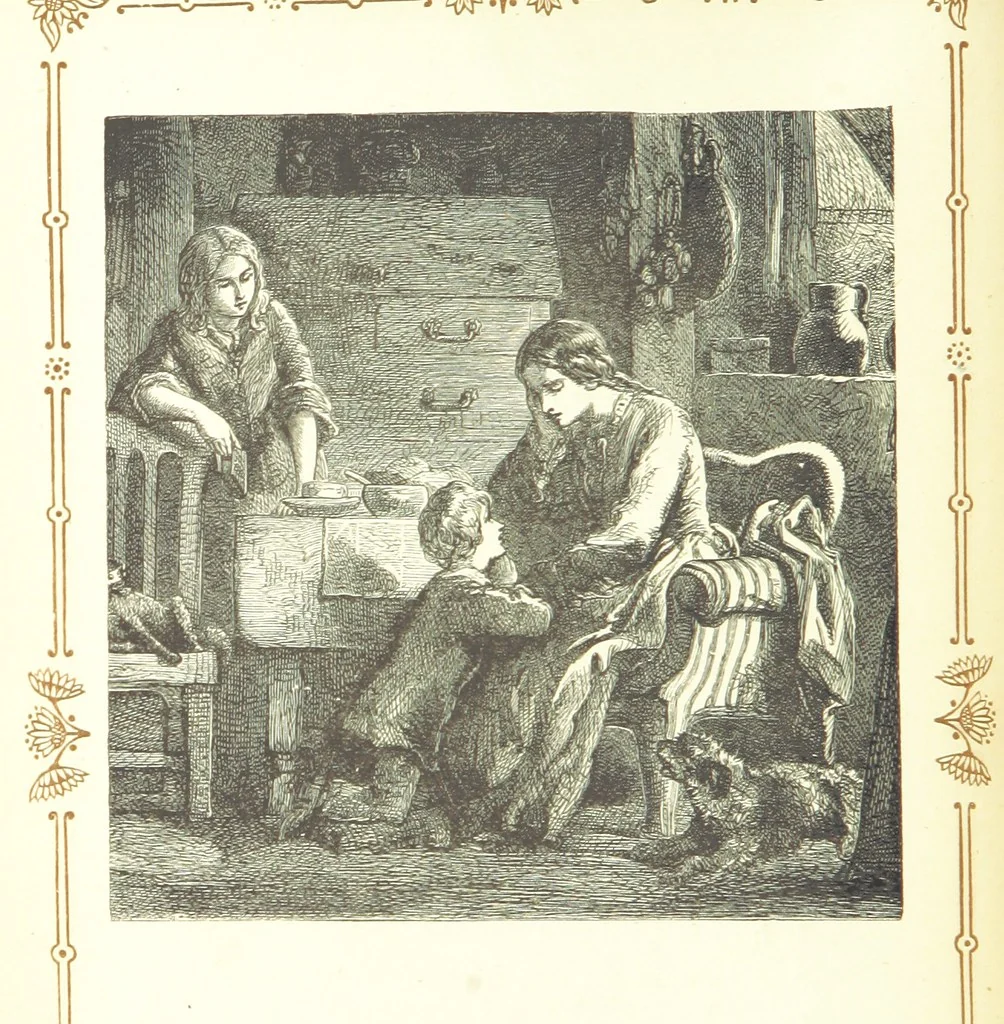 An illustration from The home affections pourtrayed by the poets. Selected and edited by Charles Mackay. Illustrated with ... engravings ... by eminent artists, and engraved by the Brothers Dalziel, 1883, leaf 44