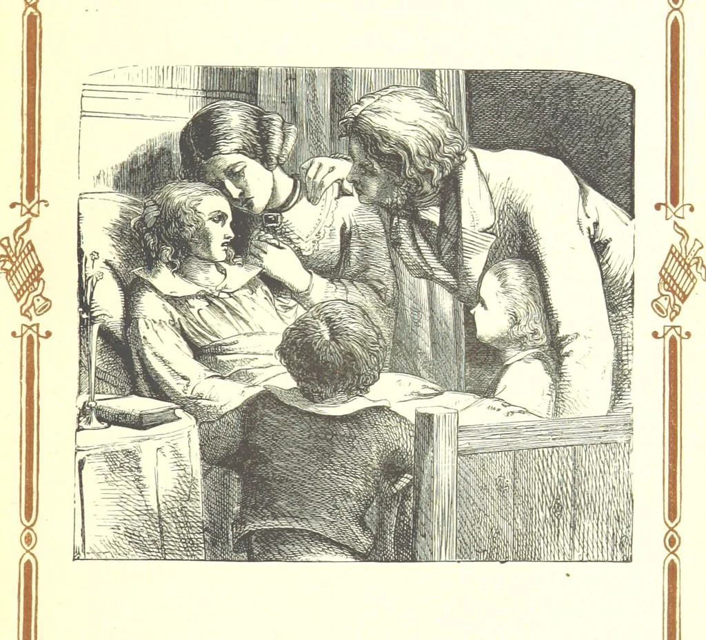 An illustration from The home affections pourtrayed by the poets. Selected and edited by Charles Mackay. Illustrated with ... engravings ... by eminent artists, and engraved by the Brothers Dalziel, 1883, leaf 49