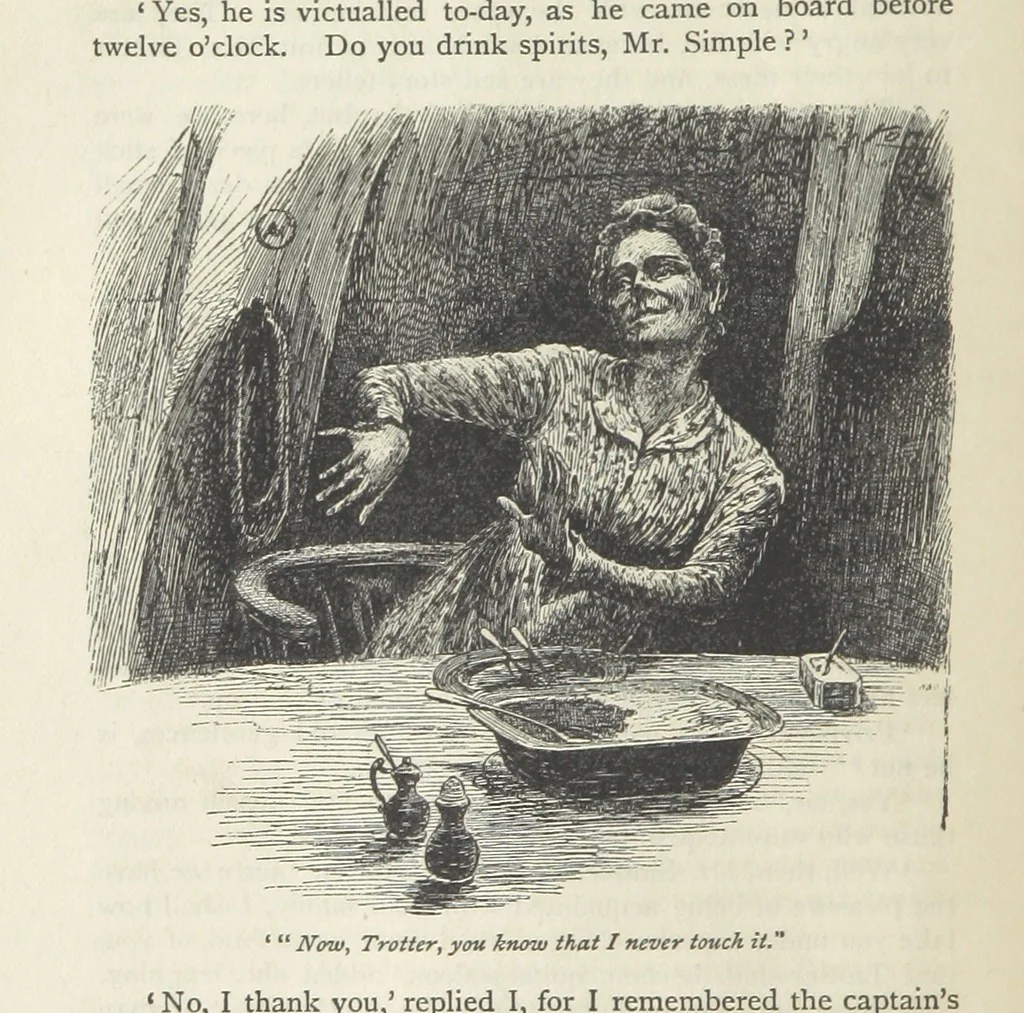 An illustration from Peter Simple ... Illustrated by J. A. Symington, with an introduction by D. Hannay, 1895, leaf 64