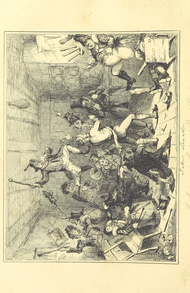 An illustration from The Fortunes of Hector O'Halloran and his Man Mark Anthony O'Toole ... With illustrations by J. Leech, 1853, leaf 96