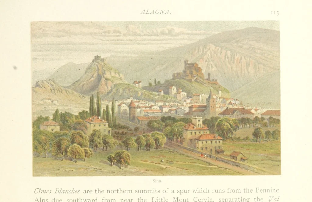 An illustration from Mountains and Lakes of Switzerland and Italy, ... views from original sketches by C. Pyne, 1871, leaf 129