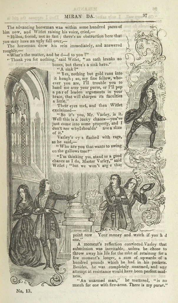 An illustration from Miranda; or, the Heiress of the Grange. A romance. By the author of “Ada the Betrayed” [i.e. James M. Rymer], etc, 1848, leaf 107