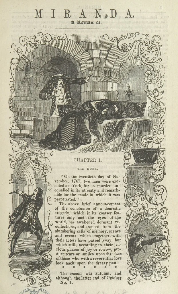 An illustration from Miranda; or, the Heiress of the Grange. A romance. By the author of “Ada the Betrayed” [i.e. James M. Rymer], etc, 1848, leaf 11