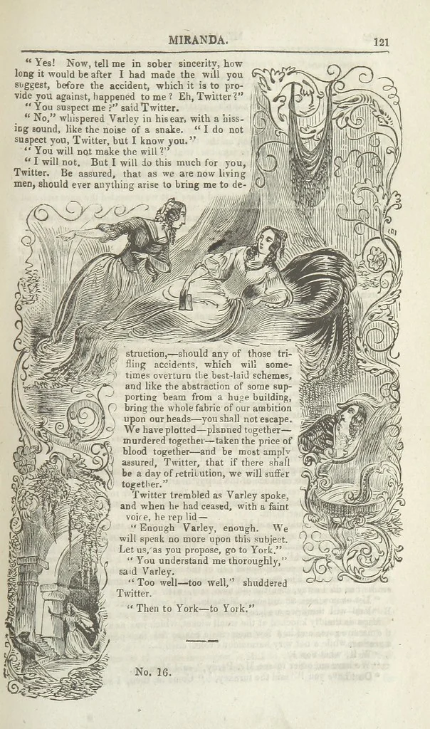 An illustration from Miranda; or, the Heiress of the Grange. A romance. By the author of “Ada the Betrayed” [i.e. James M. Rymer], etc, 1848, leaf 131
