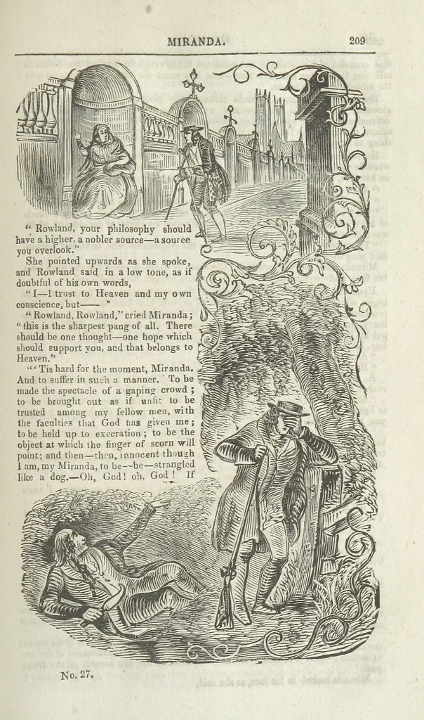 An illustration from Miranda; or, the Heiress of the Grange. A romance. By the author of “Ada the Betrayed” [i.e. James M. Rymer], etc, 1848, leaf 219