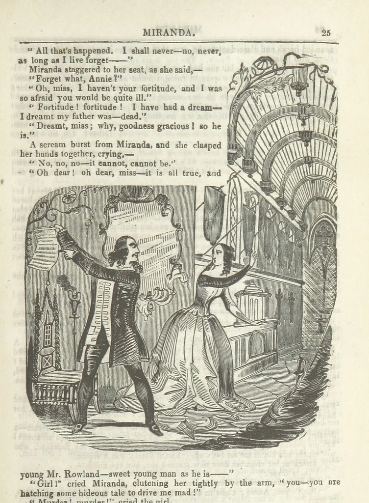 An illustration from Miranda; or, the Heiress of the Grange. A romance. By the author of “Ada the Betrayed” [i.e. James M. Rymer], etc, 1848, leaf 35