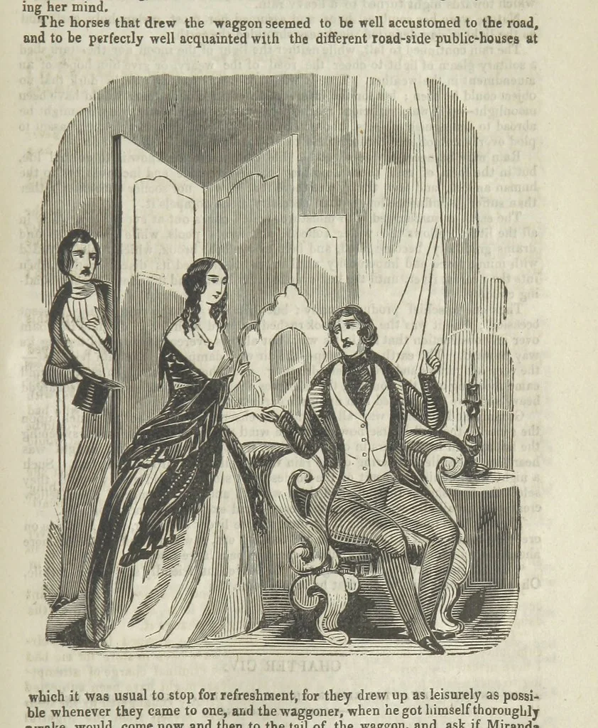 An illustration from Miranda; or, the Heiress of the Grange. A romance. By the author of “Ada the Betrayed” [i.e. James M. Rymer], etc, 1848, leaf 411