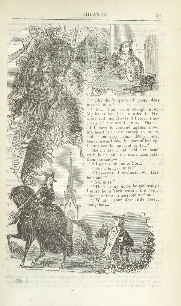 An illustration from Miranda; or, the Heiress of the Grange. A romance. By the author of “Ada the Betrayed” [i.e. James M. Rymer], etc, 1848, leaf 43