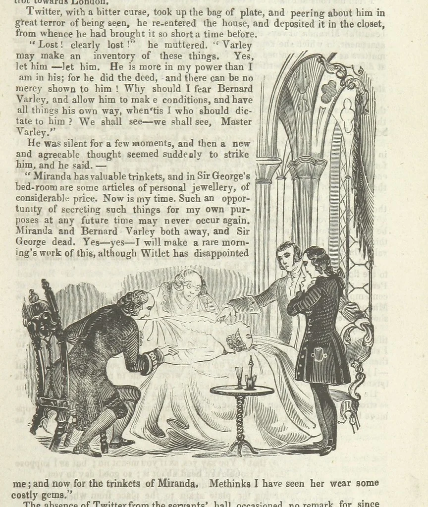 An illustration from Miranda; or, the Heiress of the Grange. A romance. By the author of “Ada the Betrayed” [i.e. James M. Rymer], etc, 1848, leaf 59