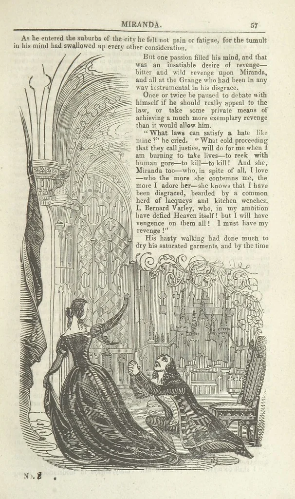 An illustration from Miranda; or, the Heiress of the Grange. A romance. By the author of “Ada the Betrayed” [i.e. James M. Rymer], etc, 1848, leaf 67