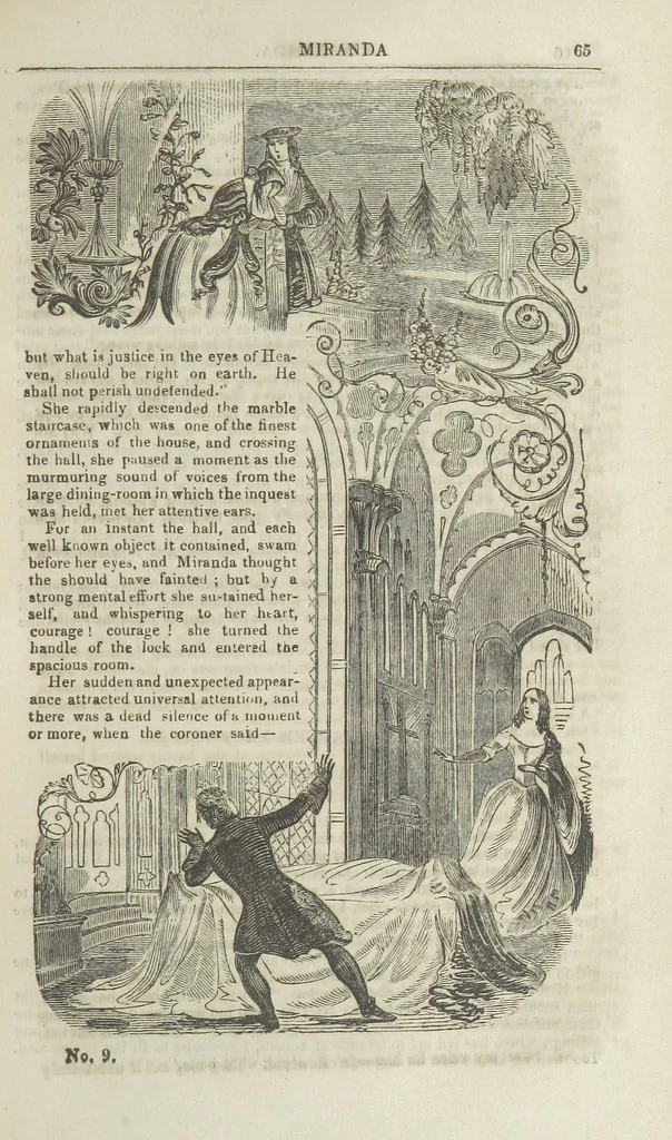 An illustration from Miranda; or, the Heiress of the Grange. A romance. By the author of “Ada the Betrayed” [i.e. James M. Rymer], etc, 1848, leaf 75