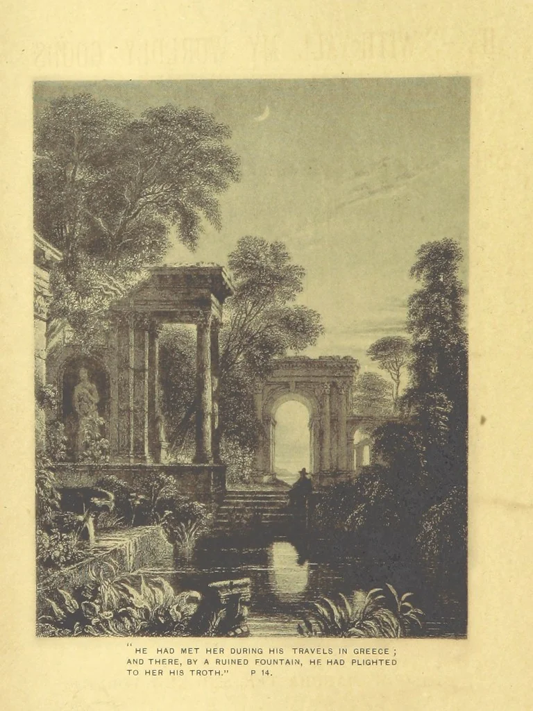 An illustration from He: “With all my worldly goods I thee endow.” She: “But, what is written in the law, how readest thou?” A novel, 1889, leaf 8