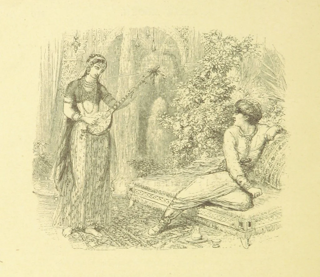 An illustration from Moore's Irish Melodies, Lalla Rookh, National Airs, Legendary Ballads, Songs, etc., with a memoir by J. F. Waller. Illustrations, etc, 1867, leaf 264