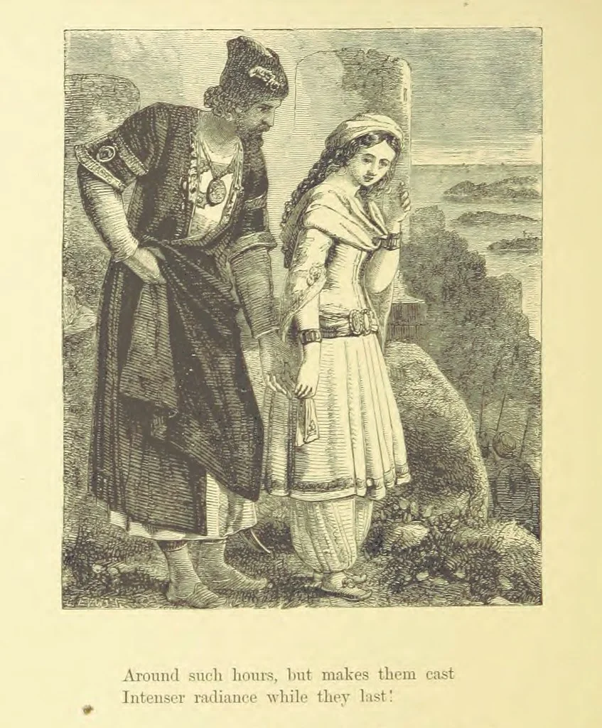 An illustration from Moore's Irish Melodies, Lalla Rookh, National Airs, Legendary Ballads, Songs, etc., with a memoir by J. F. Waller. Illustrations, etc, 1867, leaf 372