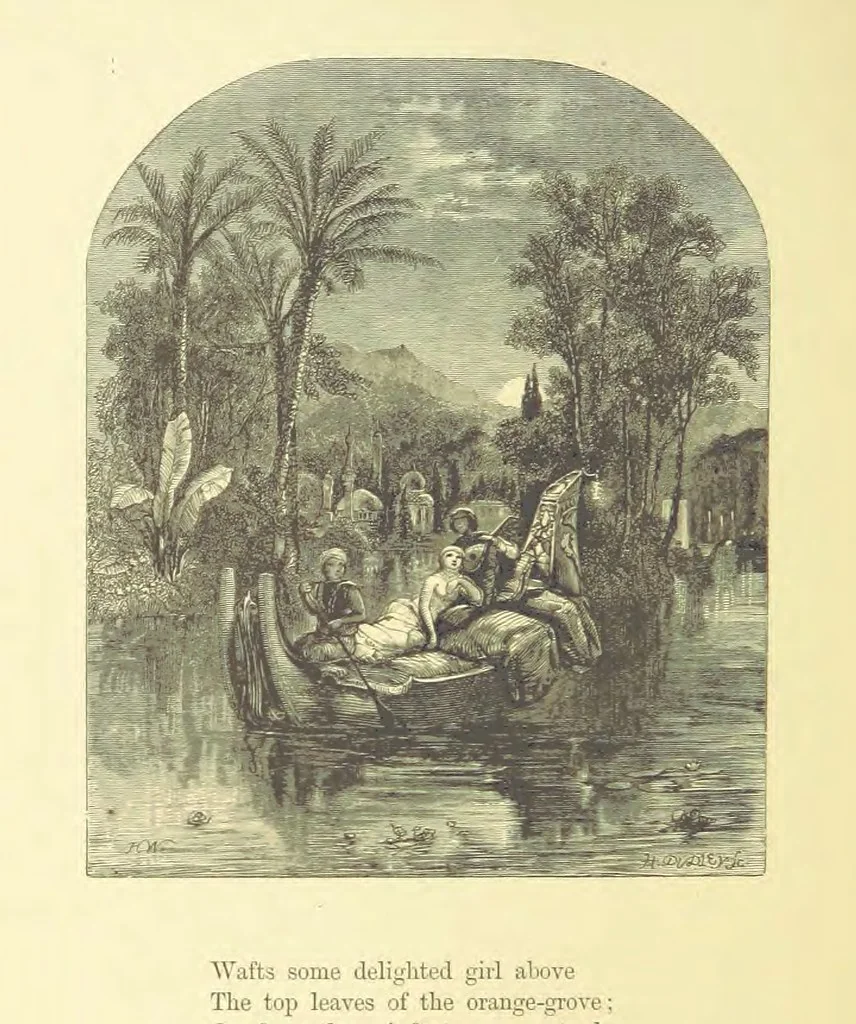 An illustration from Moore's Irish Melodies, Lalla Rookh, National Airs, Legendary Ballads, Songs, etc., with a memoir by J. F. Waller. Illustrations, etc, 1867, leaf 396