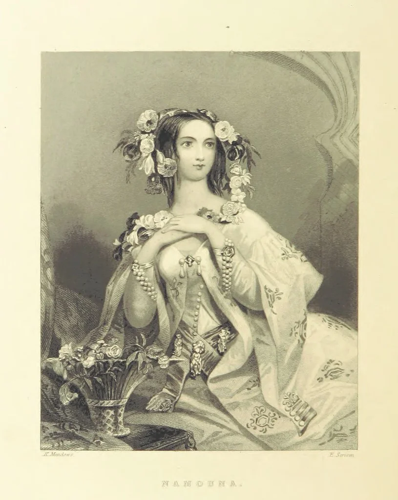 An illustration from Moore's Irish Melodies, Lalla Rookh, National Airs, Legendary Ballads, Songs, etc., with a memoir by J. F. Waller. Illustrations, etc, 1867, leaf 404