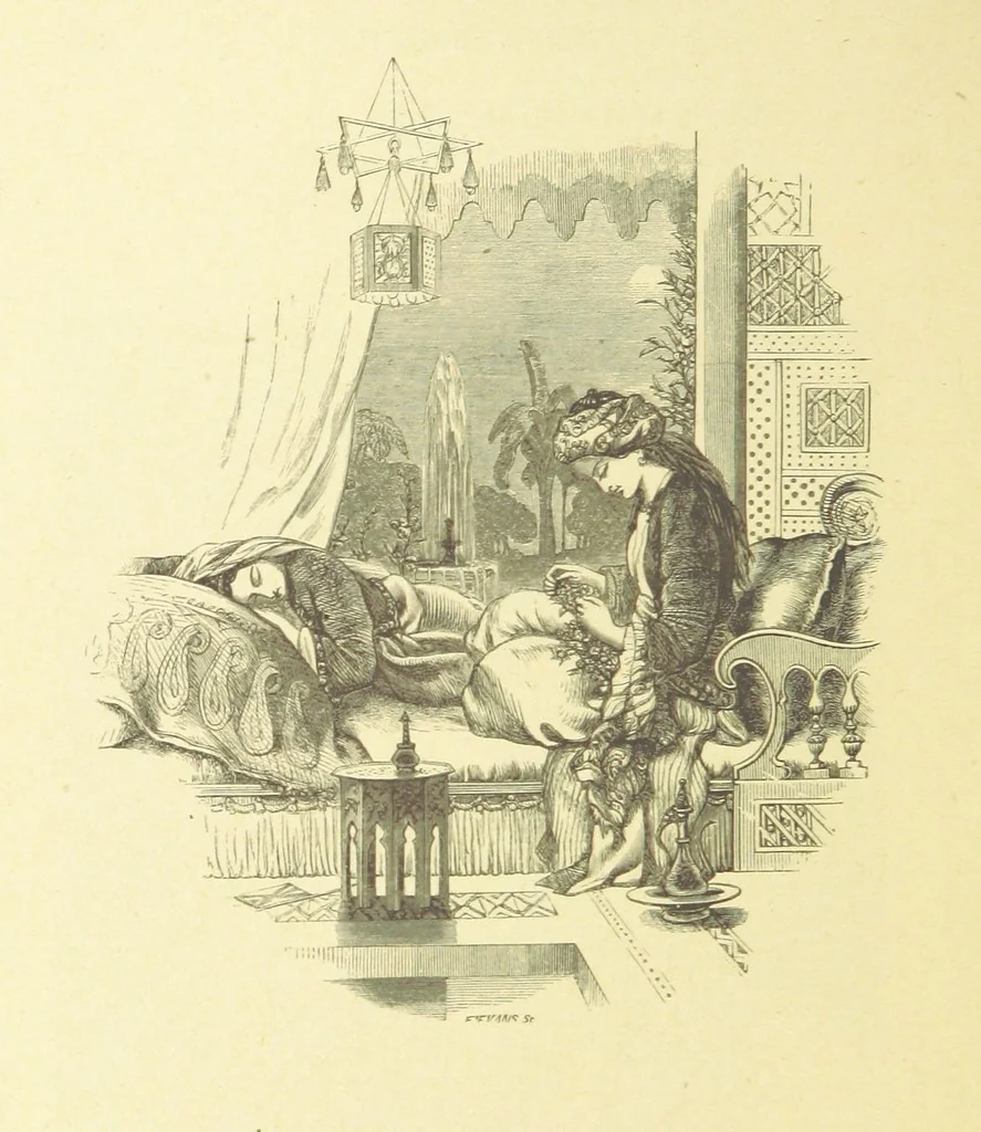 An illustration from Moore's Irish Melodies, Lalla Rookh, National Airs, Legendary Ballads, Songs, etc., with a memoir by J. F. Waller. Illustrations, etc, 1867, leaf 406