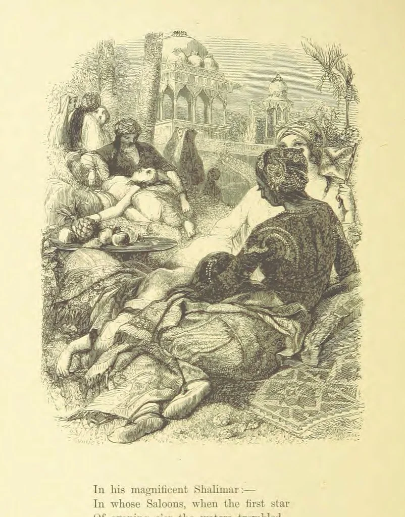 An illustration from Moore's Irish Melodies, Lalla Rookh, National Airs, Legendary Ballads, Songs, etc., with a memoir by J. F. Waller. Illustrations, etc, 1867, leaf 410