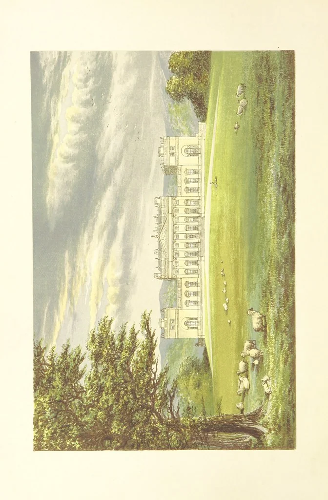 An illustration from The Ancestral Homes of Britain; containing examples of its noblest castles, halls, and mansions. With ... coloured illustrations ... and biographical and historical notices, 1868, leaf 24