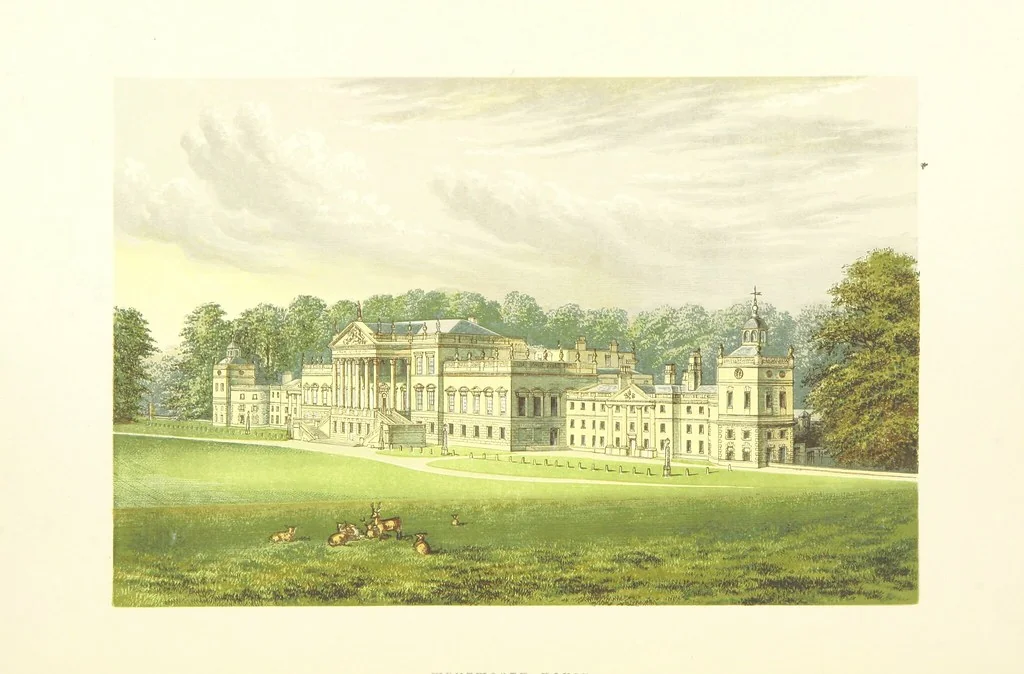 An illustration from The Ancestral Homes of Britain; containing examples of its noblest castles, halls, and mansions. With ... coloured illustrations ... and biographical and historical notices, 1868, leaf 64
