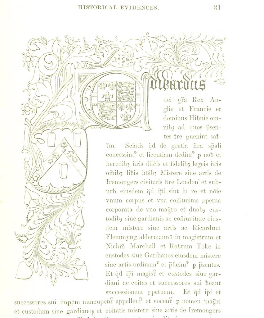 An illustration from Some account of the Worshipful Company of Ironmongers. Compiled from their own Records and other authentic sources of information, by J. N, 1851, leaf 51