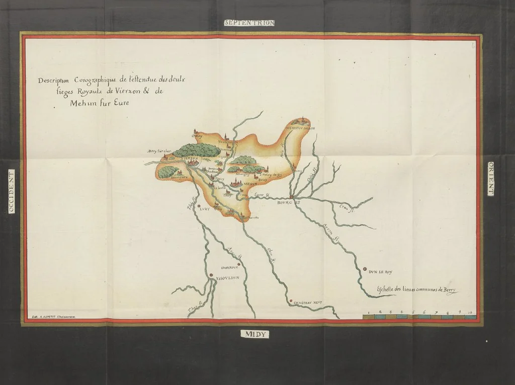 An illustration from Description générale du Païs et Duché de Berry et Diocèse de Bourges. Avec les cartes géographiques dudict païs ... Publié d'après le manuscrit autographe de la Bibliothèque Nationale de Paris [by A. Aupetit, 1883, leaf 133