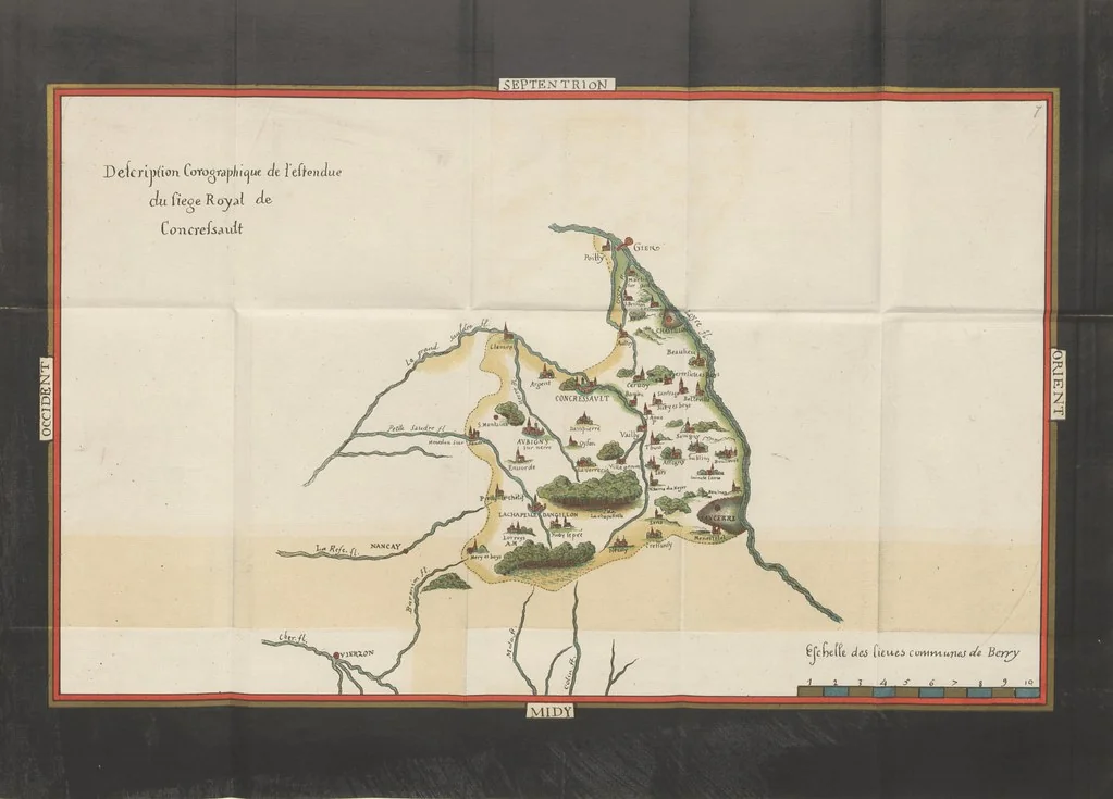 An illustration from Description générale du Païs et Duché de Berry et Diocèse de Bourges. Avec les cartes géographiques dudict païs ... Publié d'après le manuscrit autographe de la Bibliothèque Nationale de Paris [by A. Aupetit, 1883, leaf 137