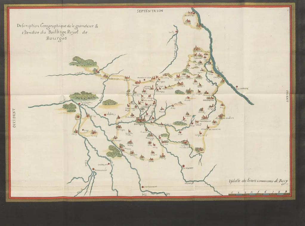 An illustration from Description générale du Païs et Duché de Berry et Diocèse de Bourges. Avec les cartes géographiques dudict païs ... Publié d'après le manuscrit autographe de la Bibliothèque Nationale de Paris [by A. Aupetit, 1883, leaf 45
