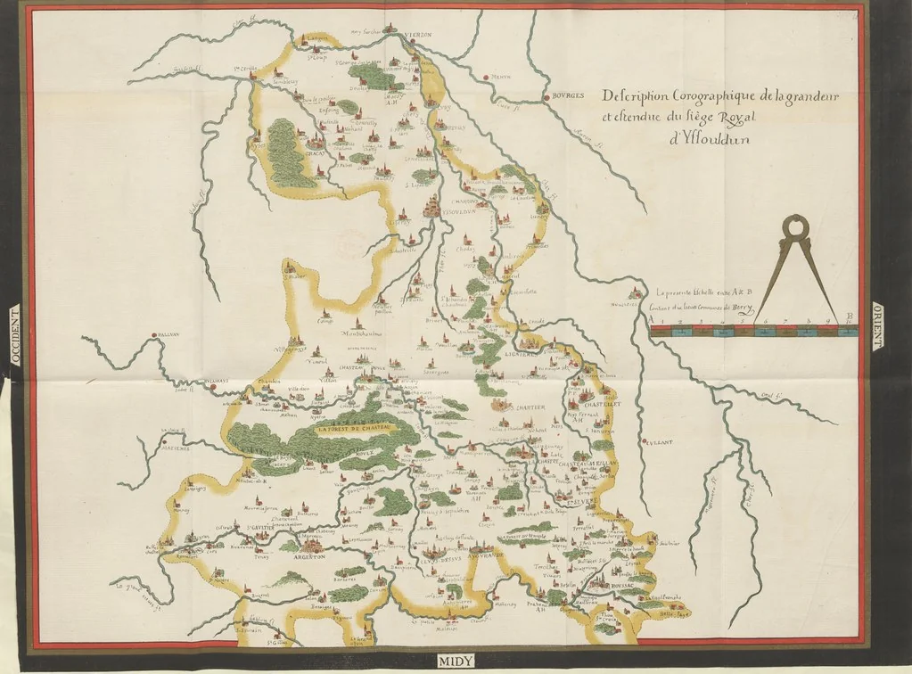 An illustration from Description générale du Païs et Duché de Berry et Diocèse de Bourges. Avec les cartes géographiques dudict païs ... Publié d'après le manuscrit autographe de la Bibliothèque Nationale de Paris [by A. Aupetit, 1883, leaf 77