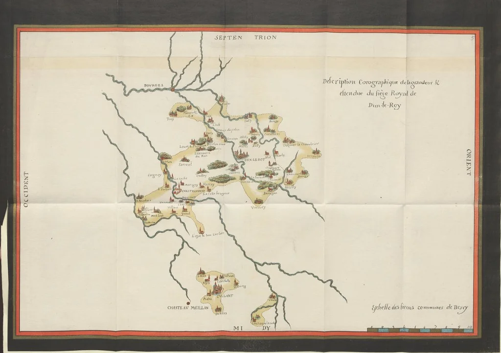 An illustration from Description générale du Païs et Duché de Berry et Diocèse de Bourges. Avec les cartes géographiques dudict païs ... Publié d'après le manuscrit autographe de la Bibliothèque Nationale de Paris [by A. Aupetit, 1883, leaf 99
