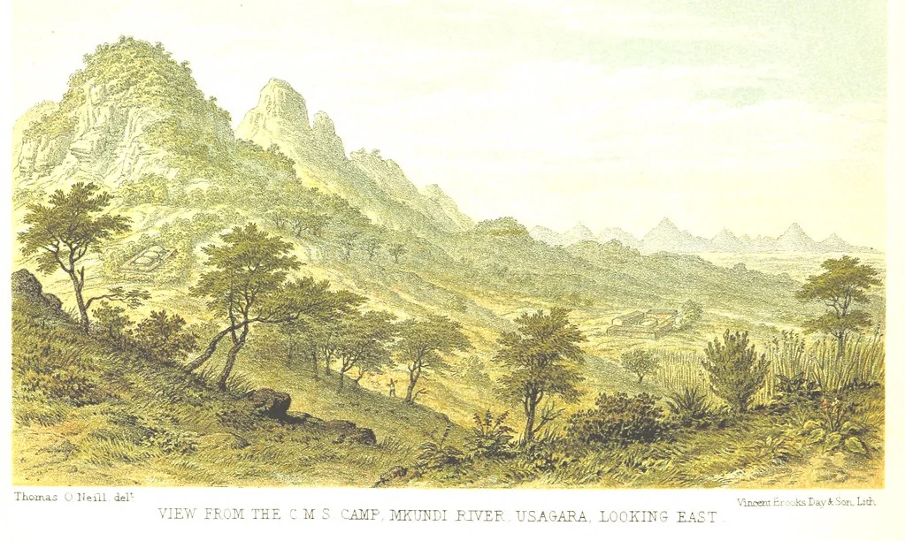 An illustration from Sketches of African Scenery, from Zanzibar to the Victoria Nyanza, being a series of coloured lithographic pictures, from sketches by ... T. O'Neill. (The larger part of the letterpress is from a journal kept by T. O'Neill.), 1878, leaf 18