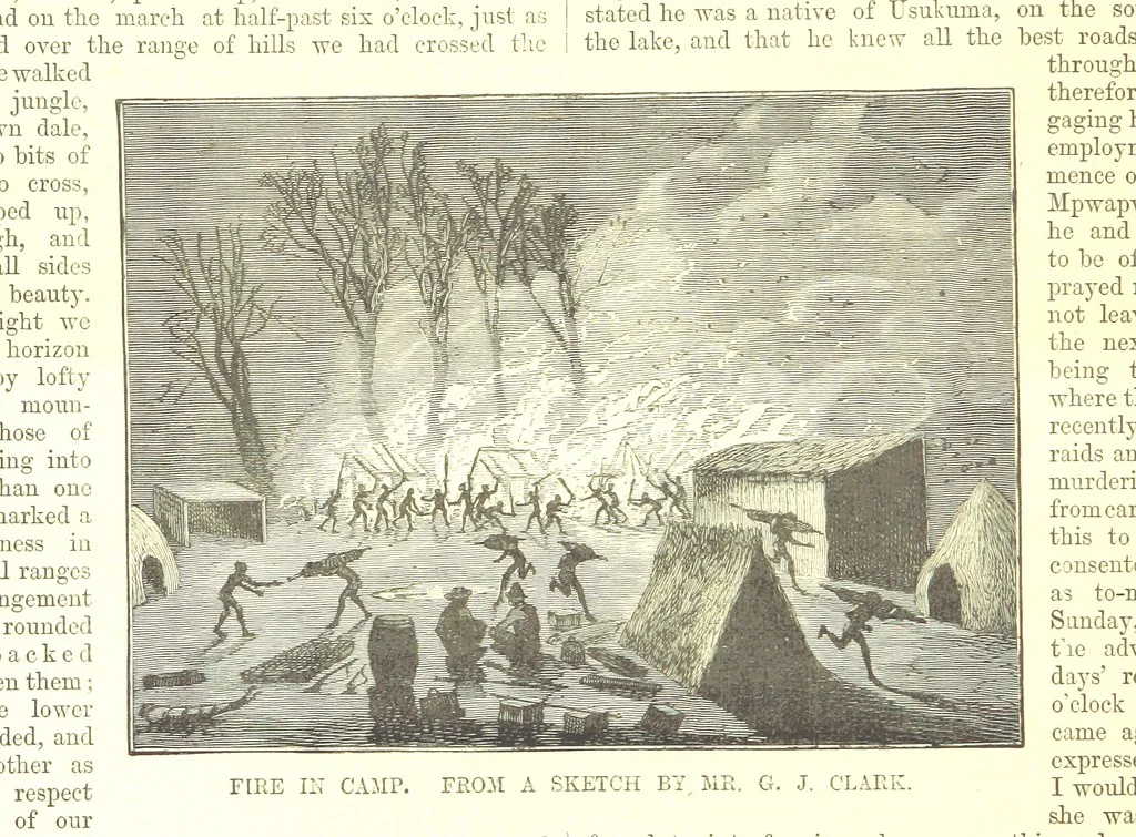 An illustration from Sketches of African Scenery, from Zanzibar to the Victoria Nyanza, being a series of coloured lithographic pictures, from sketches by ... T. O'Neill. (The larger part of the letterpress is from a journal kept by T. O'Neill.), 1878, leaf 20