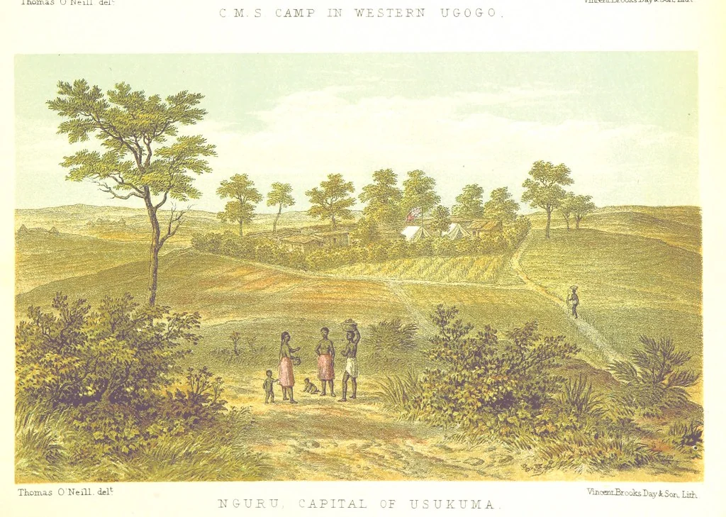 An illustration from Sketches of African Scenery, from Zanzibar to the Victoria Nyanza, being a series of coloured lithographic pictures, from sketches by ... T. O'Neill. (The larger part of the letterpress is from a journal kept by T. O'Neill.), 1878, leaf 27