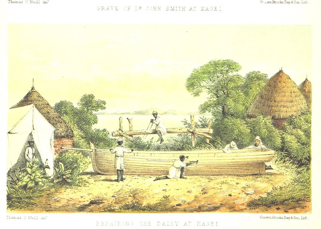An illustration from Sketches of African Scenery, from Zanzibar to the Victoria Nyanza, being a series of coloured lithographic pictures, from sketches by ... T. O'Neill. (The larger part of the letterpress is from a journal kept by T. O'Neill.), 1878, leaf 30