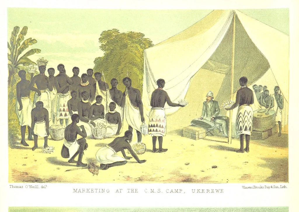 An illustration from Sketches of African Scenery, from Zanzibar to the Victoria Nyanza, being a series of coloured lithographic pictures, from sketches by ... T. O'Neill. (The larger part of the letterpress is from a journal kept by T. O'Neill.), 1878, leaf 40