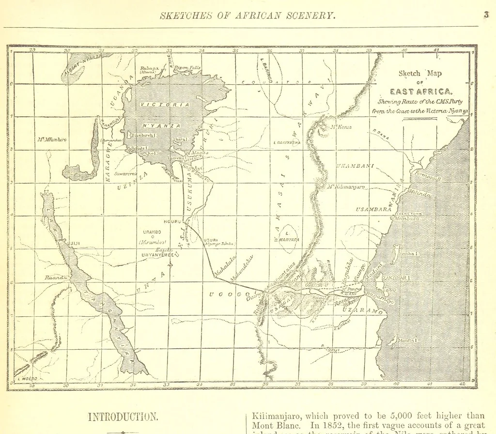 An illustration from Sketches of African Scenery, from Zanzibar to the Victoria Nyanza, being a series of coloured lithographic pictures, from sketches by ... T. O'Neill. (The larger part of the letterpress is from a journal kept by T. O'Neill.), 1878, leaf 9