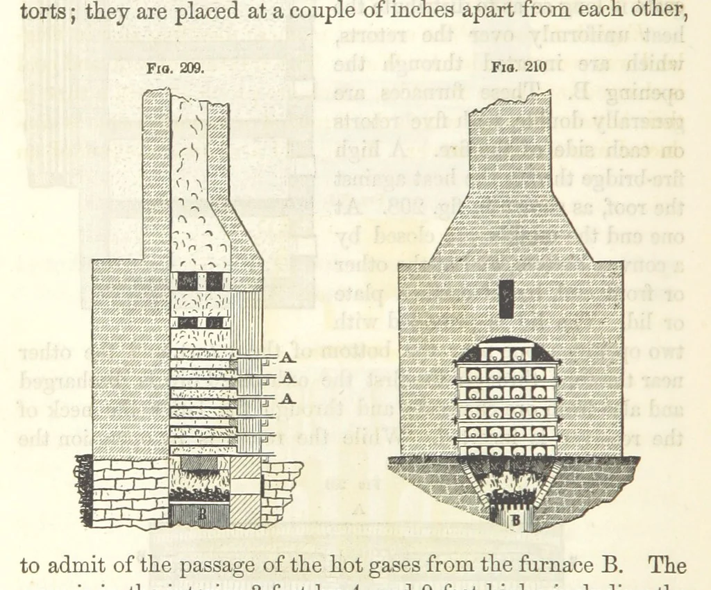 An illustration from A Treatise on Metallurgy; comprising mining, and general and particular metallurgical operations, etc, 1852, leaf 470